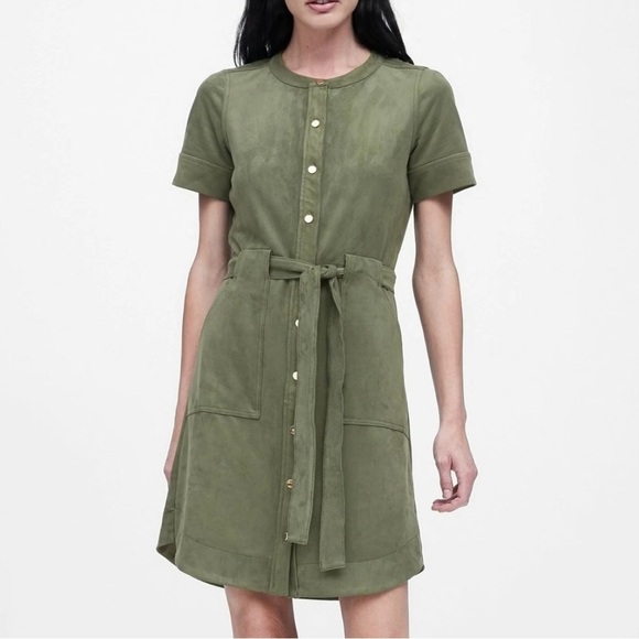Banana Republic Vegan Suede Olive Green Collared Button Down Shirt Dress 8 - Picture 1 of 7